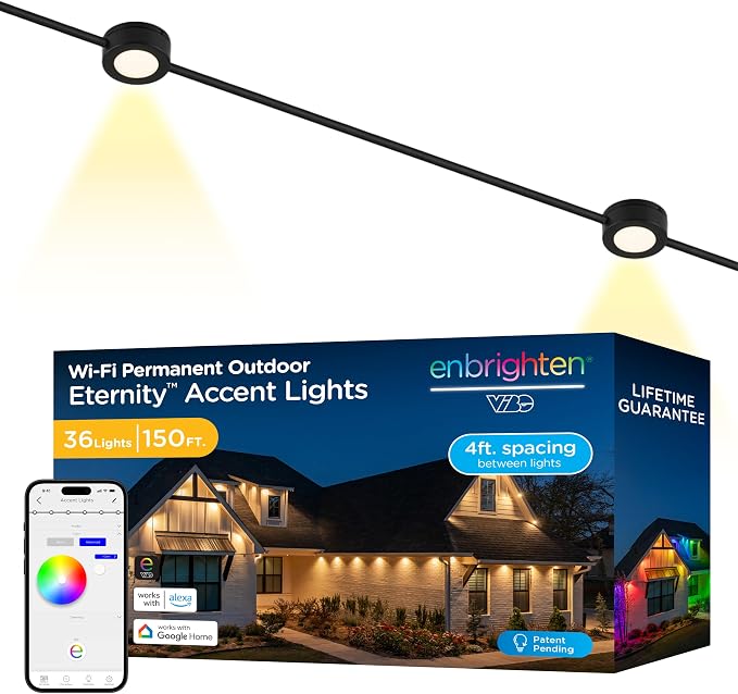 Enbrighten Accent Permanent Outdoor Lights, 150ft, 36 Lights, Smart | Black Cord, RGBWIC LEDs, Weatherproof, Cuttable, Link to 200ft, Christmas, App Control, Works with Alexa & Google Home
