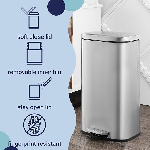 happimess Curtis 8 Gal Step Trash Can Soft Close 25", Platinum Silver