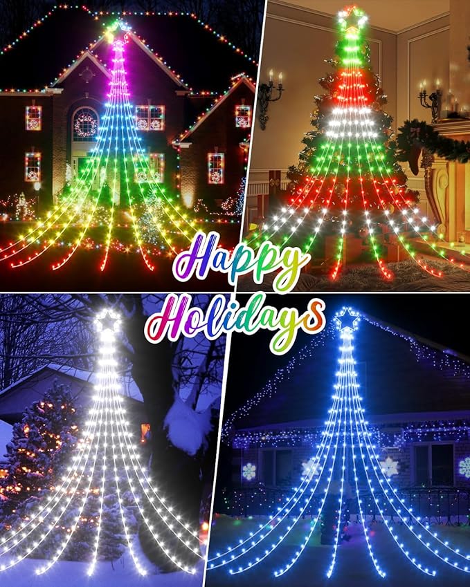 Smart Outdoor Christmas Waterfall Star String Lights, 12FT Dynamic RGB Led Tree Lights DIY Color Changing App Remote Control Unique Yard Lights for Outside Roof Home Xmas Holiday Decorations