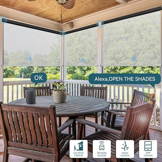 Motorized Outdoor Roller Shades,Patio Roll Up Blind Work with Alexa,Google Home,Apple Homekit,Remote Control Sun Shade,Waterproof &Windproof Smart Blinds for Porch,Sirus White,1% openess