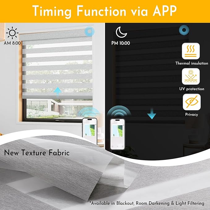 Persilux No Drill Motorized Zebra Blinds with Remote, Automatic 65% Blackout Smart Zebra Shades, Dual Layer Privacy, Linen Fabric, Straw, RS2255-8