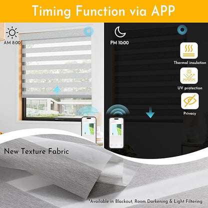Persilux No Drill Motorized Zebra Blinds with Remote, Automatic 65% Blackout Smart Zebra Shades, Dual Layer Privacy, Linen Fabric, Straw, RS2255-8