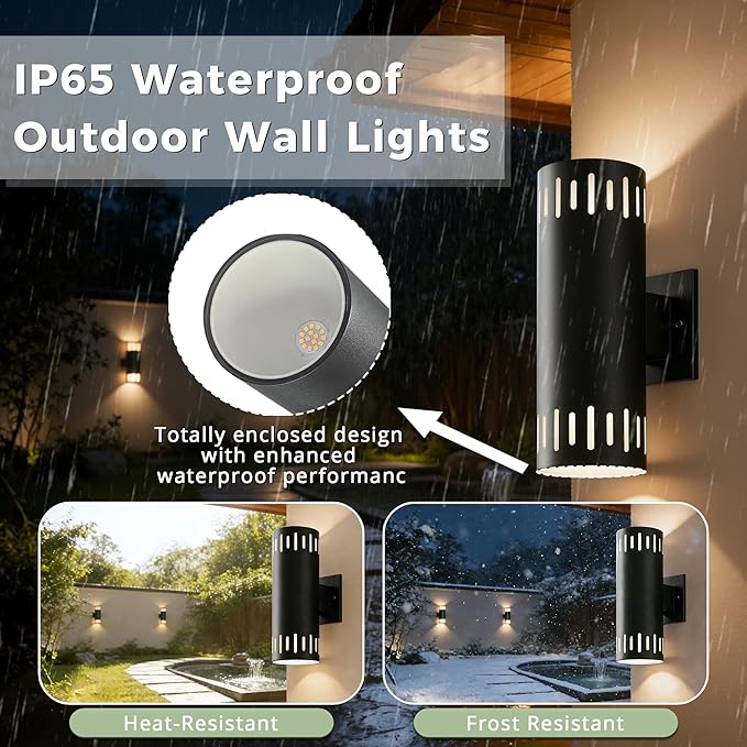Modern Outdoor Wall Lights 2 Packs, 12'' Up and Down LED Cylinder Wall Mount Fixture, 23W 3000K Warm White IP65 Waterproof Exterior Wall Sconces for Porch, House, Garage, Patio, Black