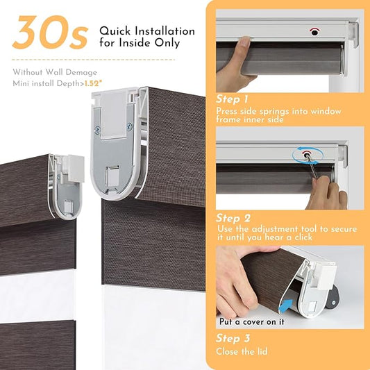 Persilux Motorized No Drill Zebra Smart Shades with Remote Smart Zebra Blinds,Non Drill, Light Filtering, Dual Layer,Compatible with Alexa, Texture Fabric, Custom Sizes,Bella Brown,RS20287-16