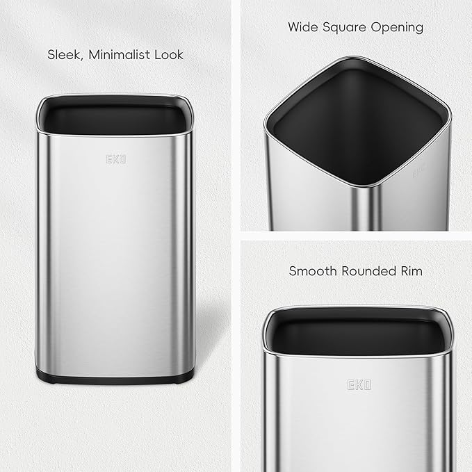 EKO 2-Pack Open Top Trash Can with Removable Inner Basket, Square Small Garbage Can, 1.8 + 3.2 Gallon Wastebasket Combo for Kitchen, Bathroom, Office, Home (Stainless Steel)