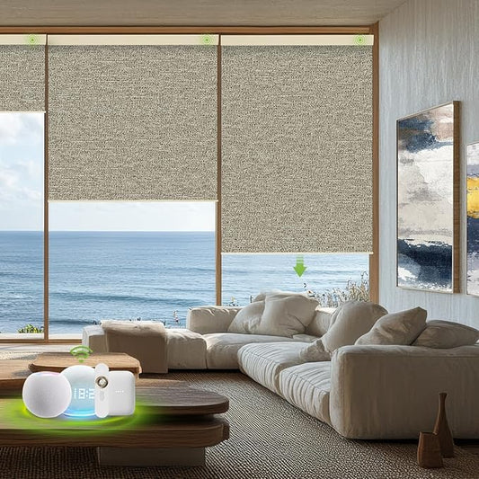 Motorized Blinds with Remote，100% Blackout Smart Blinds Motorized Roller Shades Compatible with Alexa Automatic Blinds for Windows Electric Window Blinds Customized Size Driftwood Noir