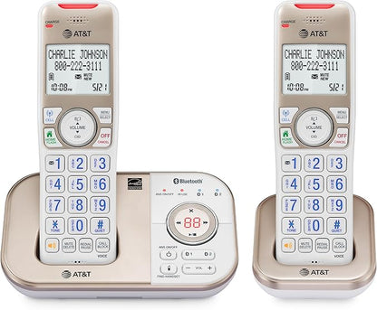 AT&T BL3112-2 2-Handset DECT 6.0 Cordless Phone for Home with Bluetooth Connect to Cell, Smart Call Blocker, Answering Machine, Caller ID, Expandable up to 5 Handsets, Champagne Gold/White
