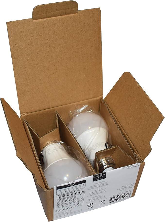 Amazon Basics A19 LED Light Bulbs, 100W Equivalent, Daylight White 5000K, Energy Efficient 15W, Non-Dimmable, 10,000 Hour Lifetime, 2-Pack