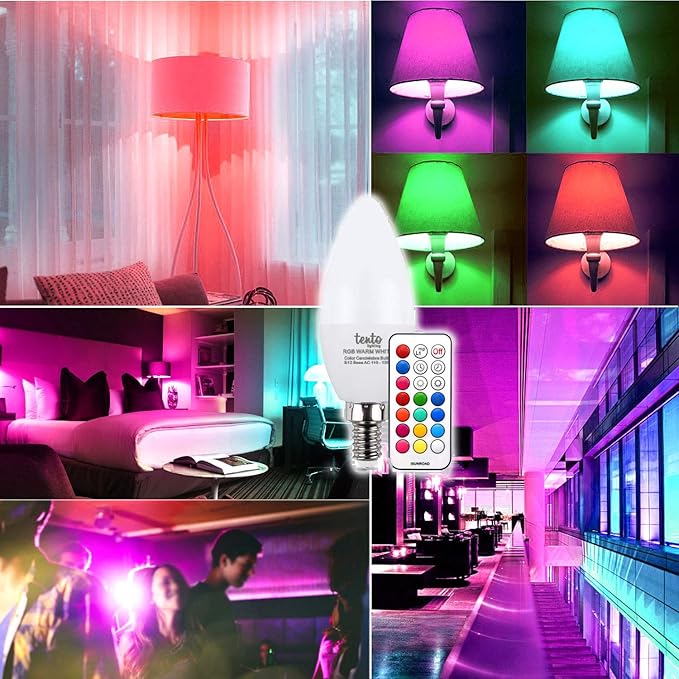 tento Lighting E12 3W 250Lm Candelabra Base, Dimmable Bullet Top Multi-Colored Remote Controlled Chandelier Party Lights LED Bulb, Cool White (4600k - 6500k) (2 Pack)