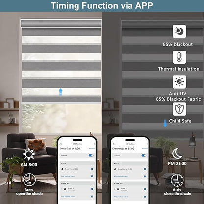 Bringnox Smart Motorized Zebra Roller Blinds - 85% Blackout, Remote Control, Works with HomeKit, Google Home & Alexa via Hub, Custom Size (85% Blackout Grey-35)