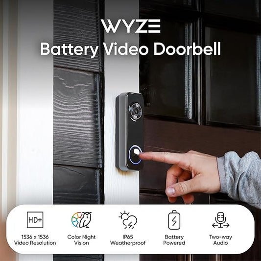 Wyze Battery Video Doorbell Wireless Camera, 1536x1536 HD+ with Color Night Vision, 2-Way Audio, 1:1 Head-to-Toe View, Person/Vehicle/Package Monitor, Wire-Free/Wired Option (Renewed)