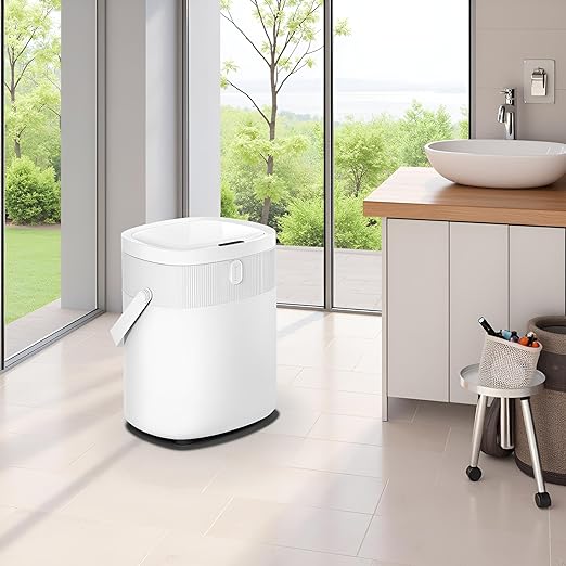 WM-DZT-12-36S Smart Motion Sensor Trash Can, Ultra-Quiet Soft-Close | Long Battery Life | Built-in Bag Storage & Portable PU Handle (White)