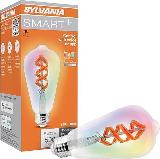 Sylvania WiFi LED Smart ST19 RGBW Color and Amber Finish Filament Light Bulb, 7W Efficient, for Alexa/Google Assistant, 2000K, No Hub Required, Clear - 1 Pack (75809)