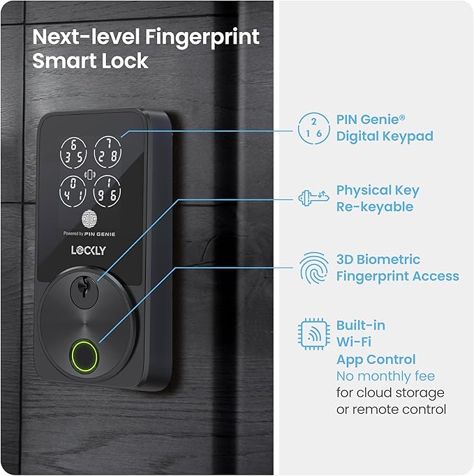 Lockly Secure Pro Zeno Series Smart Door Lock,Fingerprint Keyless Entry Door Lock for Front Door with Apple Home Key,Built-in Wi-Fi,Auto Lock, App Remote Control,IP65 Waterproof,Easy Installation