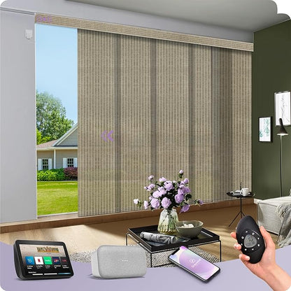 Graywind Motorized Natural Sliding Panel Blinds Compatible with Alexa Google Light Filtering Smart Custom Panel Track Blinds for Patio Sliding Door (Wheat)