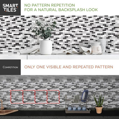 Smart Tiles Peel and Stick backsplash, Subway Gray Marble, 10.95"x9.7" | Pack of 10 (6.3 sq ft), Glossy, Heat/Moisture Resistant, Low VOC, Kitchen/Bathroom, Renter Friendly, Made in Canada
