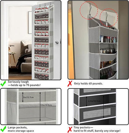over the door organizer, Solid Bamboo Board (Not Plastic!) 6-Tier Heavy Duty 75LB, 12 Side Pockets, 3 Reinforced Hooks & Anti-Slip Pads, Waterproof & Washable, No Sagging, No Door Damage,Grey