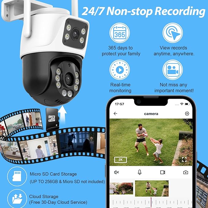 6MP Security Camera Outdoor, 360°PTZ Surveillance System, Dual Lens Security Camera 2.4Ghz 24/7 Record IP66 WiFi Camera for Home Security with Motion Detection, Color Night Vision,Two-Way Audio（White）