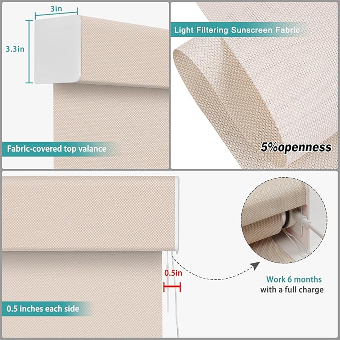 Changshade Smart Roller Shade with Remote Control Light Filtering Automatic Window Shades for Home Custom Size Motorized Blinds for Windows Compatible with Alexa,Google Home,Apple Homekit, Beige