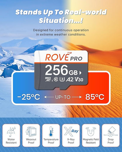 ROVE PRO Micro SD Card microSDXC 256GB Memory Card with Full-Size SD Adapter 100MB/s Read Speed, C10, U3, V30, 4K, A2 for Dash Cam, Android Smart Phones, Tablets, Games