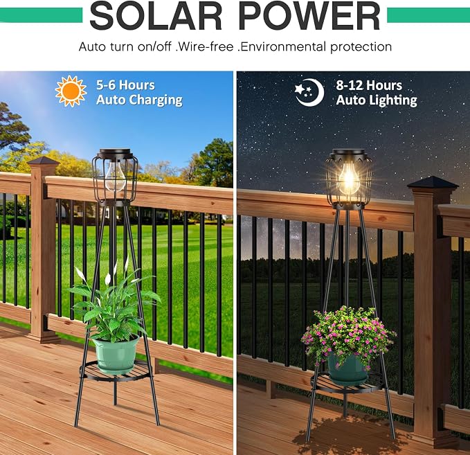 MXwcy 2 Pack Solar Lights Outdoor with Plant Stands, Solar Floor Lamp with LED Edison Bulbs for Garden Yard Pathway Driveway Front/Back Porch Decoration