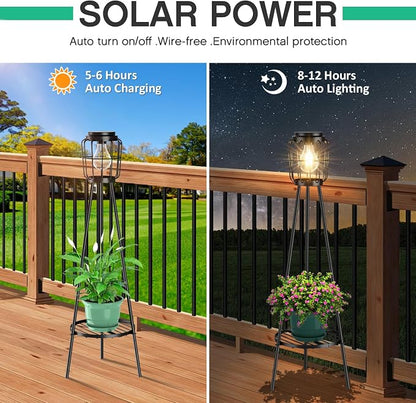 MXwcy 2 Pack Solar Lights Outdoor with Plant Stands, Solar Floor Lamp with LED Edison Bulbs for Garden Yard Pathway Driveway Front/Back Porch Decoration