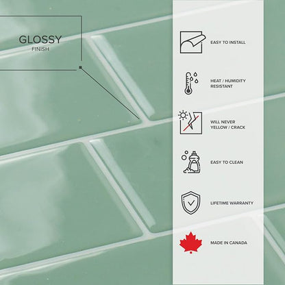 Smart Tiles Peel and Stick backsplash, Subway Jade Green, 11.55"x8.38" | Pack of 5 (2.8 sq ft), Glossy, Heat/Moisture Resistant, Low VOC, Kitchen/Bathroom, Renter Friendly, Made in Canada