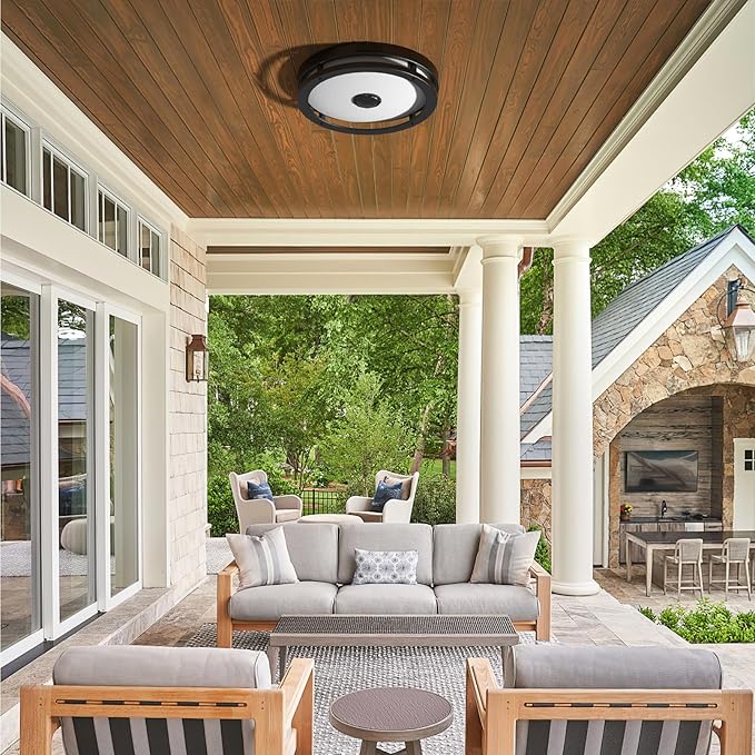 Outdoor Motion Sensor Flush Mount LED Light, 12" Dusk to Dawn Porch Modern Black Exterior Light, Ceiling Light Fixture for Farmhouse Garage Entry