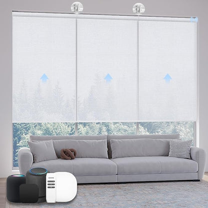 Motorized Coupled Shades, Light Filtering Smart Blinds for Large Windows Automatic Blinds Compatible with Alexa, Electric Roller Shades Customized for Living Room Home Office(Plain White)