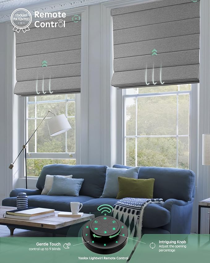 Yoolax Motorized Roman Shades with Remote, Smart Roman Shades for Indoor Windows, Blackout Automatic Blinds Work with Alexa, Google, Apple Homekit for Living Room Bedroom, Customized (Basalt Stripe)