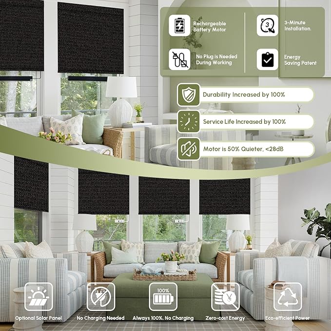FineTell Motorized Blinds with Remote, 100% Blackout Roller Shades Compatible with Alexa,Apple Homekit,Google Home APP and Voice Control, Customized Electric Blinds (100% Blackout Eclipse Black)