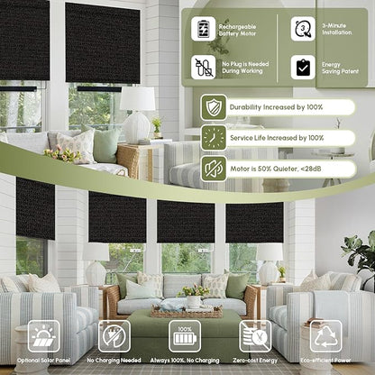 FineTell Motorized Blinds with Remote, 100% Blackout Roller Shades Compatible with Alexa,Apple Homekit,Google Home APP and Voice Control, Customized Electric Blinds (100% Blackout Eclipse Black)