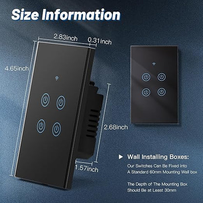 BSEED Smart Light Switch, 4 Gang WiFi Alexa Light Switch with Remote APP Control and Timing Function, Single Pole Black Light Switches Work with Alexa, Google Assistant, Voice Control, Group Control