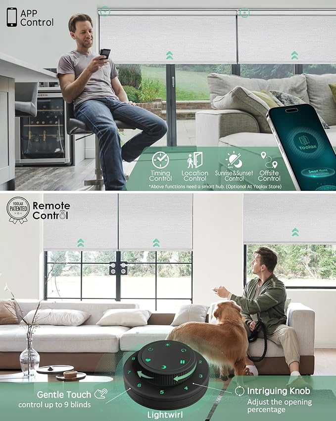 Yoolax Motorized Blinds with Remote, 100% Blackout Smart Roller Shades Work with Alexa, Google, Apple Homekit, Custom Automatic Shades with Voice Control for Bedroom Office (Jacquard White)