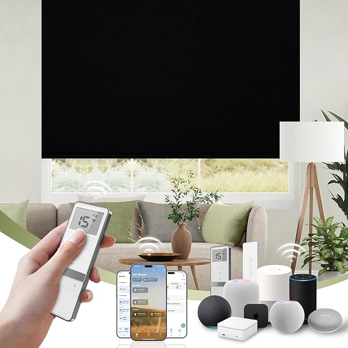 FineTell Motorized Blinds with Remote, 100% Blackout Roller Shades Compatible with Alexa,Apple Homekit,Google Home APP and Voice Control, Customized Electric Blinds (100% Blackout Vinyl Black)