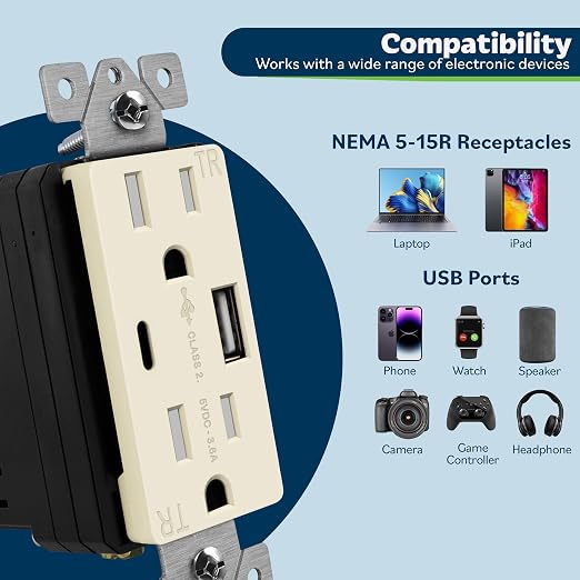 TOPGREENER 2-Port USB Outlet, 4.2A Type C USB Wall Outlet, Light Almond | USB Receptacle, 15 Amp TR Receptacle Plug, Charging Power Outlet with USB C&A Ports, Wall Plate Included,TU21536AC-LA,2 Pack