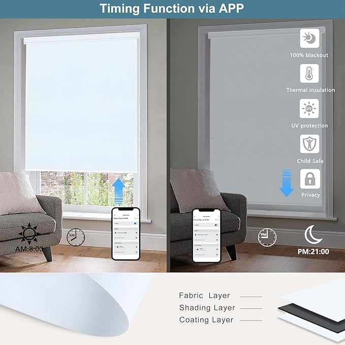 Bringnox Motorized Blinds with Remote,100% Blackout Smart Roller Blinds Compatible with Apple Homekit Google Home and Alexa Via HUB,and Customized (Vinyl White-12)