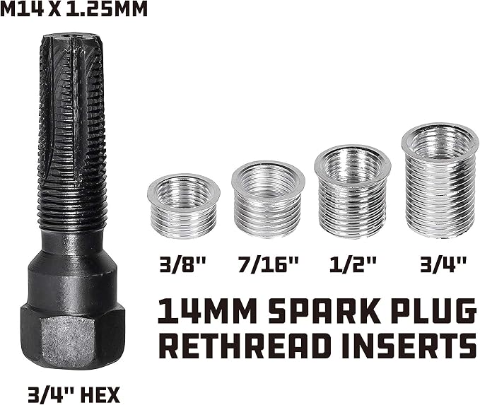 Powerbuilt 14mm Spart Plug Thread Repair Set, 14mm Cylinder Head Rethreaded Kit, Rethreads Damaged 14 Millimeter Spark Plug Holes, 4 Inserts: Two 7/16", one 5/8" and one 13/16", M14 x 1.25-648421