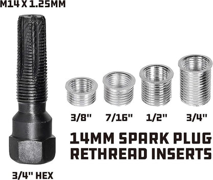 Powerbuilt 14mm Spart Plug Thread Repair Set, 14mm Cylinder Head Rethreaded Kit, Rethreads Damaged 14 Millimeter Spark Plug Holes, 4 Inserts: Two 7/16", one 5/8" and one 13/16", M14 x 1.25-648421