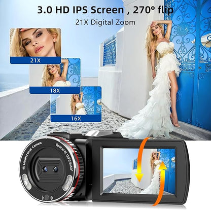 Video Camera, Camcorder 4K, 64MP 30FPS Dual Lens Camera with Wireless Mic for Vlogging YouTube, Ultra HD 3 Inch Screen 21X Digital Zoom, Video Recorder Camera with 64GB SD Card