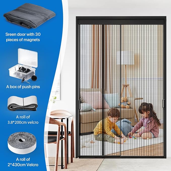 Heavy Duty Door Screen Magnetic Closure, LOVIGA 2024 Thickened Fiberglass Screen Door Mesh, Self Sealing, Left Side Opened, Pets Friendly, Fine Mesh Keep Bugs Out Fit Door Size 72 Inch X 80 Inch