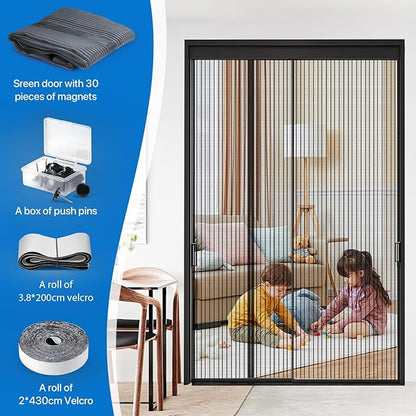 Heavy Duty Door Screen Magnetic Closure, LOVIGA 2024 Thickened Fiberglass Screen Door Mesh, Self Sealing, Left Side Opened, Pets Friendly, Fine Mesh Keep Bugs Out Fit Door Size 72 Inch X 80 Inch