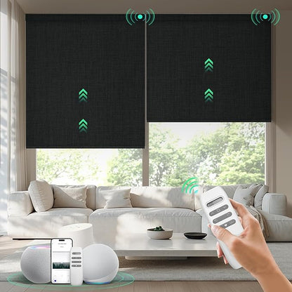 HeyBlinds Motorized Blinds with Remote, 100% Blackout Smart Blinds, Automatic Shades for Windows Compatible with Alexa Google and Homekit, Custom Size(Manner-Charcoal BO)