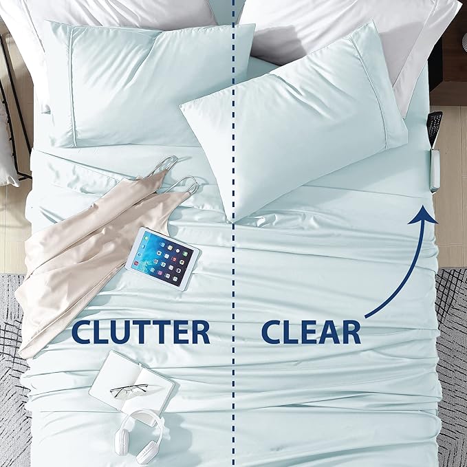 Swift Home Smart Sheets, Ultra Soft Brushed Microfiber 4-Piece Sheet Set, Fitted Bed Sheet with Side Storage Pockets – Aqua, Queen