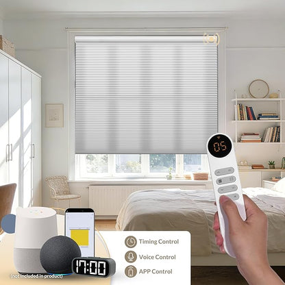 Boolegon No Drill Motorized Cellular Blinds with Remote Motorized Blackout Honeycomb Blinds for Indoor Windows Easy to Install Automatic Cellular Shades for Home,Light Filtering White,Custom Size