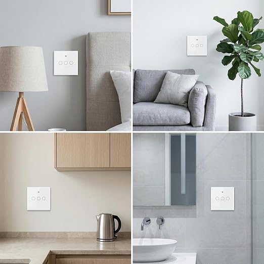 3-Way Smart Switch Wall Light Control Touch,App Remote Control,White | 3-Way WiFi BT 433MHz RF Tuya App control, Alexa Google voice, no hub, tempered glass touch panel for home indoor lights