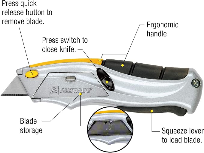 Alltrade Squeeze Utility Knife, Auto-Loading Squeeze, 6 Heavy-Duty Blades with Storage, Box Knives, Cut Tape Packaging - 150003