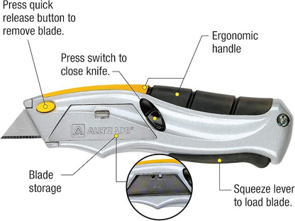 Alltrade Squeeze Utility Knife, Auto-Loading Squeeze, 6 Heavy-Duty Blades with Storage, Box Knives, Cut Tape Packaging - 150003