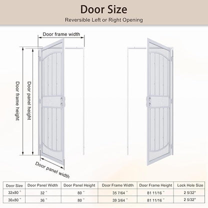 JUBEST 36" x 80" Steel Security Door, Universal/Reversible Outswing Security Screen Door, White Powder-Coated Surface Mount Frame with Expanded Metal Screen, Rust-Resistant, No Handles Included