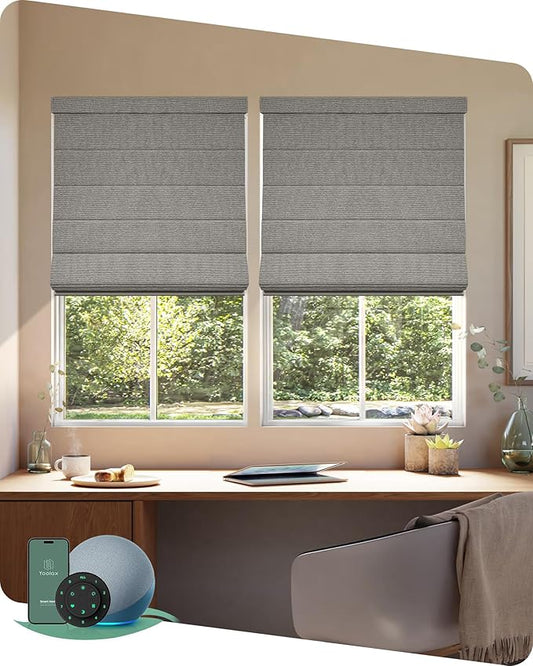 Yoolax Motorized Roman Shades with Remote, Smart Roman Shades for Indoor Windows, Blackout Automatic Blinds Work with Alexa, Google, Apple Homekit for Living Room Bedroom, Customized (Wood Stripe)